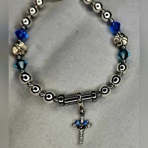 Pandora Style Silver Butterfly Cross Charm Flower Genuine Hematite Bracelet